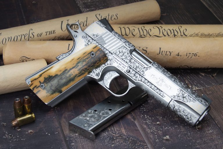 1776 Hand Engraved 1911 with patriotic engraving and gold inlay
